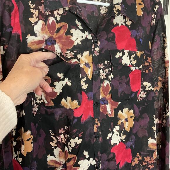 Loft Black Floral Long Sleeve Lightweight Collared Button Front Blouse Petite L - Picture 2 of 6